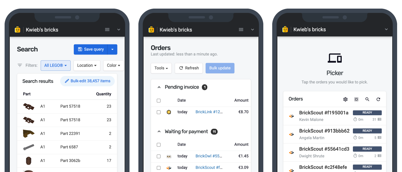 Manage your inventory, orders and pick sheets right from within Bricqer.