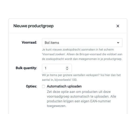 Screenshot of creating a Bol.com inventory group