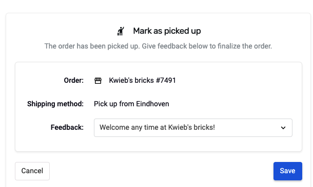 Screenshot showing how to finalize a pick-up order