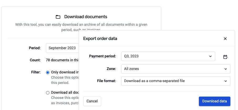Screenshot of the order export options