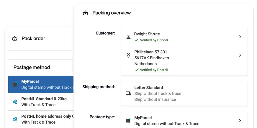 Screenshot of selecting the postage method